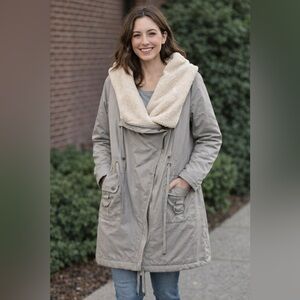 Women's Grey Parka Coat with Faux Fur Collar